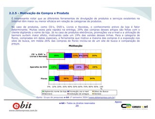 Apoio:
e-bit - Todos os direitos reservados
20
www.ebitempresa.com.br
Homens
66%
É interessante notar que as diferentes ferramentas de divulgação de produtos e serviços existentes na
Internet têm maior ou menor eficácia em relação às categorias de produtos.
No caso de produtos, como CD´s, DVD´s, Livros e Revistas, o conhecimento prévio da loja é fator
determinante. Muitas vezes pela rapidez na entrega, 29% das compras desses artigos são feitas com o
cliente digitando o nome da loja. Já no caso de produtos eletrônicos, promoções via e-mail e a utilização de
banners surtem maior efeito, motivando cada um 19% das vendas dessas linhas. Para a categoria de
flores, compradas em datas especiais, a ferramenta que motiva a maioria das compras é a exposição nos
sites de busca, em média 26% das compras de flores iniciou-se de um site de busca e comparação de
preços.
2.2.5 - Motivação de Compra x Produto
Motivação
11%
19%
29%
9%
19%
15%
26%
10%
13%
10%
19%
8%
10%
9%
10%
34%
24%
25%
0% 10% 20% 30% 40% 50% 60% 70% 80% 90% 100
%
Flores
Aparelho de DVD
CD´s, DVD´s,
Livros e Revistas
Digitando nome da loja Promoção via e-mail Sites de Busca
Banners Indicação de amigos Demais
Fonte: Grupo de pesquisas e-bit 1º semestre 2004 (www.ebitempresa.com.br)
 