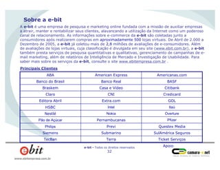 Apoio:e-bit - Todos os direitos reservados
32
www.ebitempresa.com.br
Sobre a e-bit
A e-bit é uma empresa de pesquisa e marketing online fundada com a missão de auxiliar empresas
a atrair, manter e rentabilizar seus clientes, alavancando a utilização da Internet como um poderoso
canal de relacionamento. As informações sobre e-commerce da e-bit são coletadas junto a
consumidores após realizarem compras em aproximadamente 500 lojas virtuais. De Abril de 2.000 a
Dezembro de 2005, a e-bit já coletou mais de 2,8 milhões de avaliações de e-consumidores. Além
de avaliações de lojas virtuais, cuja classificação é divulgada em seu site (www.ebit.com.br), a e-bit
também presta serviços de pesquisa quantitativas e qualitativas, gerenciamento de campanhas de e-
mail marketing, além de relatórios de Inteligência de Mercado e Investigação de Usabilidade. Para
saber mais sobre os serviços da e-bit, consulte o site www.ebitempresa.com.br .
Principais Clientes
Ticket ServiçosTerraTecBan
SulAmérica SegurosSubmarinoSiemens
Questex MediaPreviPhilips
Pfizer
Overture
Itaú
GOL
Credicard
Citibank
BASF
Americanas.com
PernambucanasPão de Açúcar
NokiaNestlé
IntelHSBC
Extra.comEditora Abril
CNIClaro
Casa e VídeoBraskem
Banco RealBanco do Brasil
American ExpressABA
 