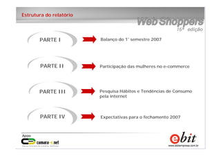 4
e-bit – todos os direitos reservados
4
e-bit – todos os direitos reservados
4
e-bit – todos os direitos reservados
Estrutura do relatório
PARTE I Balanço do 1° semestre 2007
Participação das mulheres no e-commercePARTE II
PARTE III
PARTE IV
Pesquisa Hábitos e Tendências de Consumo
pela internet
Expectativas para o fechamento 2007
 