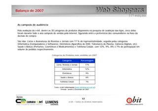 12
e-bit – todos os direitos reservados
12
e-bit – todos os direitos reservados
Por outro lado, nota-se que a quantidade de novos compradores
Balanço de 2007
As campeãs de audiência
Pela avaliação da e-bit, dentre as 30 categorias de produtos disponíveis na pesquisa de avaliação das lojas, cinco delas
foram durante todo o ano campeãs de vendas pela internet, figurando entre a preferência dos consumidores na hora da
decisão de compra.
São elas: Livros e Assinaturas de Revistas e Jornais com 17 % de representatividade, seguida pelas categorias
Informática (Computadores e Softwares), Eletrônicos (Aparelhos de DVD, Televisores de Plasma, Câmeras Digitais, etc),
Saúde e Beleza (Perfumes, Cosméticos e Medicamentos) e Telefonia Celular, com 12%, 9%, 8% e 7% de participação em
volume de pedidos respectivamente.
Categorias de Produtos mais vendidas em 2007
PorcentagemCategoria
8%Saúde e Beleza
7%Telefonia Celular
9%Eletrônicos
12%Informática
17%Livros, Revistas e Jornais
Fonte: e-bit Informação (www.ebitempresa.com.br)
Período: Janeiro a Dezembro de 2007
 