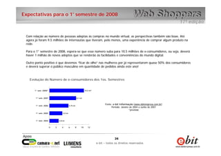 26
e-bit – todos os direitos reservados
26
e-bit – todos os direitos reservados
Expectativas para o 1° semestre de 2008
Com relação ao número de pessoas adeptas às compras no mundo virtual, as perspectivas também são boas. Até
agora já foram 9,5 milhões de internautas que tiveram, pelo menos, uma experiência de comprar algum produto na
rede.
Para o 1° semestre de 2008, espera-se que esse número suba para 10,5 milhões de e-consumidores, ou seja, deverá
haver 1 milhão de novos adeptos que se renderão às facilidades e conveniências do mundo digital.
Outro ponto positivo é que devemos “ficar de olho” nas mulheres por já representarem quase 50% dos consumidores
e deverá superar o público masculino em quantidade de pedidos ainda este ano!
2,8 mi
3,9 mi
5,75 mi
8,1 mi
10,5 mi*
0 2 4 6 8 10 12
1° sem. 2004
1° sem. 2005
1° sem. 2006
1° sem. 2007
1° sem. 2008*
Evolução do Número de e-consumidores dos 1os. Semestres
Fonte: e-bit Informação (www.ebitempresa.com.br)
Período: Janeiro de 2004 a Junho de 2007
*previsão
 