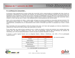 Balanço do 1° semestre de 2008

 E a confiança do consumidor...

 As diversas e boas experiências de compra vividas pelo consumidor online, proporcionadas por estratégias das lojas virtuais em
 personalizar o atendimento ao consumidor (por exemplo, em campanhas de e-mail marketing), fazendo com que ele tenha uma
 experiência única e prazerosa ao comprar em sua loja, aumentam a probabilidade (cerca de 70% dos e-consumidores dizem ser
 altamente provável voltar a comprar na mesma loja se o atendimento ao cliente é satisfatório) de que este consumidor volte a
 comprar e, muito mais que isso, a indicar o seu estabelecimento a outras pessoas de seu convívio social.

 Assim, com os seus produtos em mãos e, melhor ainda, entregues nos prazos prometidos ao consumidor pela loja (somente 17%
 dos produtos tiveram atraso no 1° semestre de 2008), o aumento da percepção de segurança e confiança no canal tornam-se,
 inevitavelmente, conseqüência de um relacionamento entre cliente e fornecedor que tende a se perpetuar por muitos e muitos
 anos.

 Boas impressões como essa possibilitam vendas de produtos mais caros, com maior valor agregado, ao invés de, simplesmente a
 compra de um Título de CD, DVD ou Vídeo, que custa de R$ 15 a R$ 50.

 É por causa disso, que nesse primeiro semestre do ano, o troféu de campeã no ranking dos produtos mais vendidos pelas lojas
 virtuais ficou nas mãos da categoria de Livros, com 17% de participação, seguido pela vice-liderança dos produtos de
 Informática, com 12% de representatividade no volume de todos os pedidos efetuados na internet.

 O terceiro e quarto lugares ficaram com as categorias Saúde e Beleza e Eletrônicos, com 10% e 7% de participação
 respectivamente.
                                     Ranking Categorias de Produtos mais Vendidos               (Em volume de pedidos)
                                             Livros                              17%
                                         Informática                             12%
                                        Saúde e Beleza                           10%
                                          Eletrônicos                             7%
                                       Eletrodomésticos                           6%

                                          Fonte: e-bit Informação (www.ebitempresa.com.br)



                                                              12     12
                                                e-bit – todos os direitos reservados
                                             e-bit – todos os direitos reservados
 