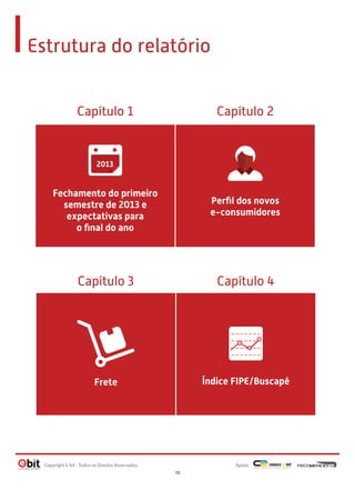 Estrutura do relatório
Fechamento do primeiro
semestre de 2013 e
expectativas para
o ﬁnal do ano
Perﬁl dos novos
e-consumidores
Capítulo 1 Capítulo 2
2013
Frete Índice FIPE/Buscapé
Capítulo 3 Capítulo 4
Apoio:Copyright E-bit - Todos os Direitos Reservados
10
 