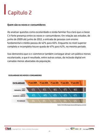 Capítulo 2
Quem são os novos e-consumidores
Ao analisar quesitos como escolaridade e renda familiar ﬁca claro que a classe
C é forte presença entre os novos e-consumidores. Em relação aos estudos, de
junho de 2009 até junho de 2013, a entrada de pessoas com ensino
fundamental e médio passou de 42% para 46%. Enquanto no nível superior
completo e incompleto houve queda de 47% para 42%, no mesmo período.
Isso demonstra que o e-commerce também consegue atrair um público menos
escolarizado, o que é resultado, entre outras coisas, da inclusão digital em
camadas menos abastadas da população.

ESCOLARIDADE DOS NOVOS E-CONSUMIDORES

1º sem 2009

1º sem 2010

1º sem 2011

1º sem 2012

1º sem 2013

ENSINO
FUNDAMENTAL E MÉDIO

42%

45%

46%

47%

46%

SUPERIOR
INCOMPLETO E COMPLETO

47%

44%

43%

42%

42%

11%

11%

11%

11%

12%

ESCOLARIDADE

PÓS-GRADUAÇÃO

Fonte: E-bit Informação (www.ebitempresa.com.br)

Copyright E-bit - Todos os Direitos Reservados

Apoio:
21

 