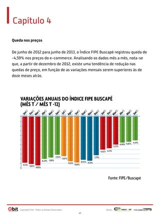 Capítulo 4
Queda nos preços
De junho de 2012 para junho de 2013, o Índice FIPE Buscapé registrou queda de
-4,59% nos preços do e-commerce. Analisando os dados mês a mês, nota-se
que, a partir de dezembro de 2012, existe uma tendência de redução nas
quedas de preço, em função de as variações mensais serem superiores às de
doze meses atrás.

Fe
v13
M
ar
13
Ab
r13
M
ai1
3
Ju
n13

13
Jan

Fe
v12
M
ar
12
Ab
r12
M
ai1
2
Ju
n12
Ju
l12
Ag
o12
Se
t12
Ou
t12
No
v12
De
z12

Jan

12

VARIAÇÕES ANUAIS DO ÍNDICE FIPE BUSCAPÉ
(MÊS T / MÊS T -12)

-5,22%

-4,94% -4,87%

-4,59%

-6,42% -6,13%
-7,02%
-8,29% -7,89%

-7,79%

-7,67%

-9,73% -9,81%
-9,85%

-9,32%

-9,64%

-8,92% -9,25%

Fonte: FIPE/Buscapé

Copyright E-bit - Todos os Direitos Reservados

Apoio:
37

 
