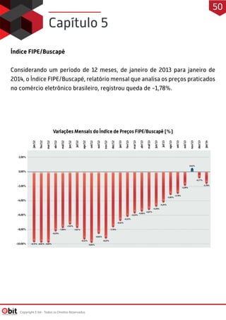 Índice FIPE/Buscapé
Considerando um período de 12 meses, de janeiro de 2013 para janeiro de
2014, o Índice FIPE/Buscapé, relatório mensal que analisa os preços praticados
no comércio eletrônico brasileiro, registrou queda de -1,78%.
Capítulo 5
Copyright E-bit - Todos os Direitos Reservados
50
 