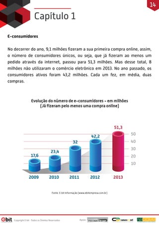 E-consumidores
No decorrer do ano, 9,1 milhões fizeram a sua primeira compra online, assim,
o número de consumidores únicos, ou seja, que já fizeram ao menos um
pedido através da internet, passou para 51,3 milhões. Mas desse total, 8
milhões não utilizaram o comércio eletrônico em 2013. No ano passado, os
consumidores ativos foram 43,2 milhões. Cada um fez, em média, duas
compras.
Capítulo 1
Apoio:
Copyright E-bit - Todos os Direitos Reservados
14
 