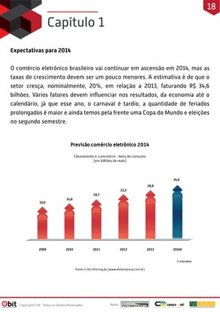Expectativas para 2014
O comércio eletrônico brasileiro vai continuar em ascensão em 2014, mas as
taxas de crescimento devem ser um pouco menores. A estimativa é de que o
setor cresça, nominalmente, 20%, em relação a 2013, faturando R$ 34,6
bilhões. Vários fatores devem influenciar nos resultados, da economia até o
calendário, já que esse ano, o carnaval é tardio, a quantidade de feriados
prolongados é maior e ainda temos pela frente uma Copa do Mundo e eleições
no segundo semestre.
Capítulo 1
Apoio:
Copyright E-bit - Todos os Direitos Reservados
18
 
