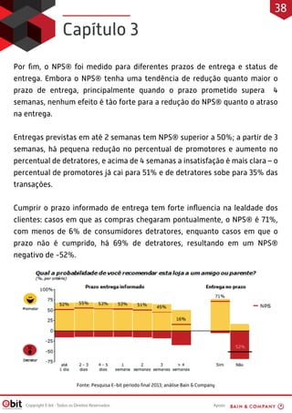 Apoio:Copyright E-bit - Todos os Direitos Reservados
Por ﬁm, o NPS® foi medido para diferentes prazos de entrega e status de
entrega. Embora o NPS® tenha uma tendência de redução quanto maior o
prazo de entrega, principalmente quando o prazo prometido supera 4
semanas, nenhum efeito é tão forte para a redução do NPS® quanto o atraso
na entrega.
Entregas previstas em até 2 semanas tem NPS® superior a 50%; a partir de 3
semanas, há pequena redução no percentual de promotores e aumento no
percentual de detratores, e acima de 4 semanas a insatisfação é mais clara – o
percentual de promotores já cai para 51% e de detratores sobe para 35% das
transações.
Cumprir o prazo informado de entrega tem forte inﬂuencia na lealdade dos
clientes: casos em que as compras chegaram pontualmente, o NPS® é 71%,
com menos de 6% de consumidores detratores, enquanto casos em que o
prazo não é cumprido, há 69% de detratores, resultando em um NPS®
negativo de -52%.
Capítulo 3
Fonte: Pesquisa E-bit período ﬁnal 2013; análise Bain & Company
38
 