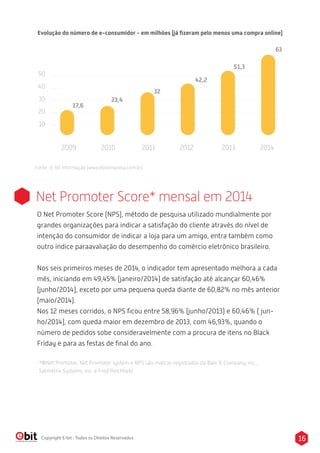 16Copyright E-bit - Todos os Direitos Reservados
Evolução do número de e-consumidor - em milhões (já ﬁzeram pelo menos uma compra online)
50
40
30
20
10
17,6
2009 2010 2011 2012 2013 2014
23,4
32
42,2
51,3
Fonte : E-bit Informação (www.ebitempresa.com.br)
63
Net Promoter Score* mensal em 2014
O Net Promoter Score (NPS), método de pesquisa utilizado mundialmente por
grandes organizações para indicar a satisfação do cliente através do nível de
intenção do consumidor de indicar a loja para um amigo, entra também como
outro índice paraavaliação do desempenho do comércio eletrônico brasileiro.
Nos seis primeiros meses de 2014, o indicador tem apresentado melhora a cada
mês, iniciando em 49,45% (janeiro/2014) de satisfação até alcançar 60,46%
(junho/2014), exceto por uma pequena queda diante de 60,82% no mês anterior
(maio/2014).
Nos 12 meses corridos, o NPS ﬁcou entre 58,96% (junho/2013) e 60,46% ( jun-
ho/2014), com queda maior em dezembro de 2013, com 46,93%, quando o
número de pedidos sobe consideravelmente com a procura de itens no Black
Friday e para as festas de ﬁnal do ano.
*®Net Promoter, Net Promoter system e NPS são marcas registradas da Bain & Company, Inc.,
Satmetrix Systems, Inc. e Fred Reichheld.
 