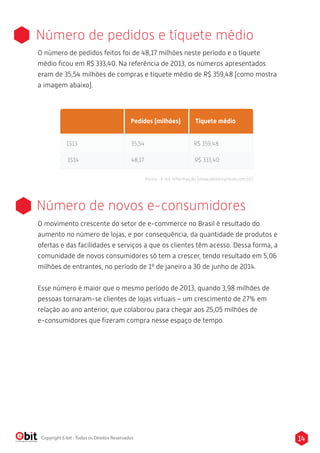 Número de pedidos e tíquete médio 
O número de pedidos feitos foi de 48,17 milhões neste período e o tíquete 
médio ficou em R$ 333,40. Na referência de 2013, os números apresentados 
eram de 35,54 milhões de compras e tíquete médio de R$ 359,48 (como mostra 
a imagem abaixo). 
Pedidos (milhões) Tíquete médio 
1S13 35,54 R$ 359,48 
1S14 48,17 R$ 333,40 
Fonte : E-bit Informação (www.ebitempresa.com.br) 
Número de novos e-consumidores 
O movimento crescente do setor de e-commerce no Brasil é resultado do 
aumento no número de lojas, e por consequência, da quantidade de produtos e 
ofertas e das facilidades e serviços a que os clientes têm acesso. Dessa forma, a 
comunidade de novos consumidores só tem a crescer, tendo resultado em 5,06 
milhões de entrantes, no período de 1º de janeiro a 30 de junho de 2014. 
Esse número é maior que o mesmo período de 2013, quando 3,98 milhões de 
pessoas tornaram-se clientes de lojas virtuais – um crescimento de 27% em 
relação ao ano anterior, que colaborou para chegar aos 25,05 milhões de 
e-consumidores que fizeram compra nesse espaço de tempo. 
Copyright E-bit - Todos os Direitos Reservados 14 
 