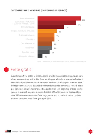 CATEGORIAS MAIS VENDIDAS (EM VOLUME DE PEDIDOS) 
Moda e Acessórios 
Cosméticos e Perfumaria 
Cuidados Pessoais / Saúde 
Eletrodomésticos 
18% 
Livros / Assinaturas e Revistas 
Telefonia / Celulares 
Informática 
Casa e Decoração 
Eletrônicos 
Esporte e Lazer 
Brinquedos e Games 
16% 
11% 
8% 
7% 
6% 
5% 
2% 
7% 
6% 
Fonte: E-bit informação (www.ebitempresa.com.br) Período: 1o Semestre 2014 
Frete grátis 
A política do frete grátis se mostra como grande incentivador de compras para 
atrair o consumidor online. Um fator a mais para a loja ter a sua preferência e o 
consumidor poder economizar na aquisição de um produto pela Internet a ser 
entregue em casa. Esta estratégia de marketing ainda demonstra força e apelo 
por parte dos players nacionais, e boa parte deles tem aderido à prática (como 
sugere o quadro). Mas se em junho de 2013, 62% utilizaram-se desta prática 
ante 38% que contaram com frete pago, neste ano no mesmo mês o cenário 
mudou, com adesão do frete grátis por 50%. 
Copyright E-bit - Todos os Direitos Reservados 18 
 