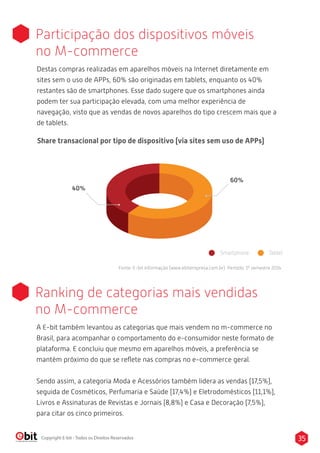 Participação dos dispositivos móveis 
no M-commerce 
Destas compras realizadas em aparelhos móveis na Internet diretamente em 
sites sem o uso de APPs, 60% são originadas em tablets, enquanto os 40% 
restantes são de smartphones. Esse dado sugere que os smartphones ainda 
podem ter sua participação elevada, com uma melhor experiência de 
navegação, visto que as vendas de novos aparelhos do tipo crescem mais que a 
de tablets. 
Share transacional por tipo de dispositivo (via sites sem uso de APPs) 
60% 
Smartphone Tablet 
Fonte: E-bit informação (www.ebitempresa.com.br) Período: 1º semestre 2014 
40% 
Ranking de categorias mais vendidas 
no M-commerce 
A E-bit também levantou as categorias que mais vendem no m-commerce no 
Brasil, para acompanhar o comportamento do e-consumidor neste formato de 
plataforma. E concluiu que mesmo em aparelhos móveis, a preferência se 
mantém próximo do que se reflete nas compras no e-commerce geral. 
Sendo assim, a categoria Moda e Acessórios também lidera as vendas (17,5%), 
seguida de Cosméticos, Perfumaria e Saúde (17,4%) e Eletrodomésticos (11,1%), 
Livros e Assinaturas de Revistas e Jornais (8,8%) e Casa e Decoração (7,5%), 
para citar os cinco primeiros. 
Copyright E-bit - Todos os Direitos Reservados 35 
 