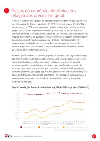 Preços do comércio eletrônico em 
relação aos preços em geral 
A figura 4 ilustra que os preços no comércio eletrônico têm variação anual 7,2% 
inferior à variação dos preços médios do IPCA no primeiro semestre de 2014, e 
que ao longo de 2012 – antes do impacto da desvalorização cambial sobre os 
preços dos produtos importados que têm grande peso no e-commerce – a 
variação do Índice FIPE/Buscapé era cerca de 12% inferior à variação dos preços 
médios da economia. De qualquer forma, os números traduzem um significativo 
ganho de competitividade dos preços dos produtos comercializados no 
e-commerce em relação aos preços médios que compõem o orçamento 
familiar, explicando parcialmente o expressivo crescimento do setor, que em 
2013 foi de 28% em termos nominais. 
Parcela significativa destas diferenças pode ser atribuída aos seguintes fatores: 
a) o Índice de Preços FIPE/Buscapé monitora uma cesta de produtos diferente 
daquela avaliada pelos índices de preços gerais, ou seja, apenas aqueles 
produtos que são comercializados de forma mais significativa por meio da 
Internet; b) os pesos dos produtos que compõem o Índice FIPE/Buscapé são 
bastante diferentes dos pesos dos mesmos produtos nos índices genéricos; c) o 
canal de distribuição monitorado pelo Índice FIPE/Buscapé é exclusivamente o 
e-commerce, enquanto os outros índices monitoram vários outros canais 
tradicionais e físicos. 
Figura 5 -Variações Anuais do Índice/Buscapé, IPCA e Diferença (Mês t/Mês t-12) 
7,50 
5,00 
2,50 
0,00 
-2,50 
-5,00 
-7,50 
-10,00 
-12,50 
-15,00 
1/12 
2/12 
3/12 
4/12 
5/12 
6/12 
7/12 
8/12 
9/12 
10/12 
11/12 
12/12 
1/13 
2/13 
3/13 
4/13 
5/13 
6/13 
7/13 
8/13 
9/13 
10/13 
11/13 
12/13 
1/14 
2/14 
3/14 
4/14 
5/14 
6/14 
Var. Anual IPCA Var. Anual Fipe-Buscapé Diferença Fipe-Buscapé / IPCA 
Fonte: E-bit informação (www.ebitempresa.com.br) 
Copyright E-bit - Todos os Direitos Reservados 45 
 