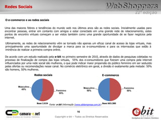 22ª edição
16
Copyright e-bit – Todos os Direitos Reservados
Redes Sociais
O e-commerce e as redes sociais
Uma das maiores febres e tendências do mundo web nos últimos anos são as redes sociais. Inicialmente usadas para
encontrar pessoas, entrar em contanto com amigos e estar conectado em uma grande rede de relacionamento, estes
pontos de encontro virtuais começam a ser vistos também como uma grande oportunidade de se fazer negócios pela
internet.
De acordo com um estudo realizado pela e-bit no primeiro semestre de 2010, através de dados de pesquisas coletadas no
processo de finalização de compra das lojas virtuais, 55% dos e-consumidores que fizeram uma compra pela internet
influenciados por uma rede social são mulheres, o que pode indicar maior propensão do público feminino em ser seduzido
pelas ofertas ou recomendações nesse canal. No comércio eletrônico em geral, a divisão é exatamente pela metade: 50%
são homens, 50% mulheres.
Ultimamente, as redes de relacionamento vêm se tornado não apenas um eficaz canal de acesso às lojas virtuais, mas
principalmente uma oportunidade de divulgar a marca para os e-consumidores e para os internautas que estão à
iminência de realizar a primeira compra online.
Feminino
50%
Masculino
50%Feminino
55%
Masculino
45%
Redes sociais E-commerce
Fonte: e-bit Informação (www.ebitempresa.com.br)
Base 2.924 Base 603.380
 