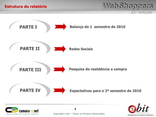 22ª edição
9
Copyright e-bit – Todos os Direitos Reservados
Estrutura do relatório
PARTE I
Redes SociaisPARTE II
PARTE III
PARTE IV
Pesquisa de resistência a compra
Expectativas para o 2º semestre de 2010
Balanço do 1 semestre de 2010
 