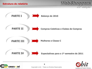 23ª edição
9
Copyright e-bit – Todos os Direitos Reservados
Estrutura do relatório
PARTE I
Compras Coletivas e Clubes de ComprasPARTE II
PARTE III
PARTE IV
Mulheres e Classe C
Expectativas para o 1º semestre de 2011
Balanço de 2010
 