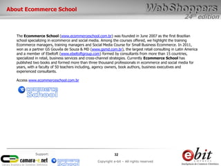 24th edition
32
Copyright e-bit – All rights reserved
Support:
About Ecommerce School
The Ecommerce School (www.ecommerceschool.com.br) was founded in June 2007 as the first Brazilian
school specializing in ecommerce and social media. Among the courses offered, we highlight the training
Ecommerce managers, training managers and Social Media Course for Small Business Ecommerce. In 2011,
won as a partner GS Gouvêa de Souza & MD (www.gsmd.com.br), the largest retail consulting in Latin America
and a member of Ebeltoft (www.ebeltoftgroup.com) formed by consultants from more than 15 countries,
specialized in retail, business services and cross-channel strategies. Currently Ecommerce School has
published two books and formed more than three thousand professionals in ecommerce and social media for
years, with a faculty of 50 teachers including, agency owners, book authors, business executives and
experienced consultants.
Access www.ecommerceschool.com.br
 