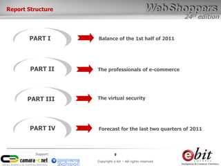 24th edition
9
Copyright e-bit – All rights reserved
Support:
Report Structure
PART I
The professionals of e-commercePART II
PART III
PART IV
The virtual security
Forecast for the last two quarters of 2011
Balance of the 1st half of 2011
 