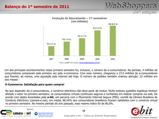 24ª edição
12
Copyright e-bit – Todos os Direitos Reservados
Apoio:
Evolução do faturamento – 1os semestres
(em bilhões)
Fonte: e-bit Informação (www.ebitempresa.com.br)
Balanço do 1º semestre de 2011
Um dos principais acontecimentos nesse primeiro semestre foi, inclusive, o número de e-consumidores. No período, 4 milhões de
consumidores compraram pela primeira vez pelo e-commerce. Com esse número, chegamos a 27,4 milhões de e-consumidores
que fizeram, ao menos, uma aquisição pela internet até hoje. O número de pedidos também chamou atenção: 25 milhões em
seis meses!
R$ 8,4 bi
E-Commerce: Satisfação para quem compra!
No que depender do e-consumidores, o comércio eletrônico não deve parar de evoluir. Muito embora questões logísticas tenham
afetado o setor no primeiro semestre, os consumidores virtuais continuam seguros e confiantes em realizar compras via web. De
acordo com dados levantados pela e-bit, em parceria com o Movimento Internet Segura (MIS), comitê da Câmara Brasileira de
Comércio Eletrônico (camara-e.net), em média, 86,54% dos consumidores brasileiros ficaram satisfeitos com o comércio virtual
no primeiro semestre. No mesmo período do ano passado, esse mesmo índice foi de 86,0%.
 