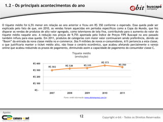 1.2 - Os principais acontecimentos do ano
Apoio:
Copyright e-bit - Todos os Direitos Reservados12
O tíquete médio foi 6,5% menor em relação ao ano anterior e ficou em R$ 350 conforme o esperado. Essa queda pode ser
explicada pelo fato de que, em 2010, as vendas foram aquecidas em períodos específicos como a Copa do Mundo, que fez
disparar as vendas de produtos de alto valor agregado, como televisores de tela fina, contribuindo para o aumento do valor do
tíquete médio naquele ano. A redução nos preços de 9,75% apontada pelo Índice de Preços FIPE Buscapé no ano passado
também influiu para essa queda. Em 2011, produtos de categorias com maior valor continuaram sendo preferência, devido ao
“Boom” da entrada da nova classe média no e-commerce. Dos 9 milhões de novos e-consumidores, 61% pertencia a esta classe,
o que justificaria manter o ticket médio alto, não fosse o cenário econômico, que acabou afetando parcialmente o varejo
online que acabou reduzindo os prazos de pagamento, diminuindo assim a capacidade de pagamento do consumidor classe C.
Tíquete médio
(evolução)
Fonte: e-bit Informação (www.ebitempresa.com.br)
 