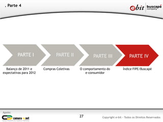 Apoio:
Copyright e-bit - Todos os Direitos Reservados27
. Parte 4
Balanço de 2011 e
expectativas para 2012
PARTE I PARTE II
Compras Coletivas
PARTE III
O comportamento do
e-consumidor
PARTE IV
Índice FIPE/Buscapé
 