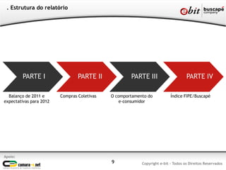 Apoio:
Copyright e-bit - Todos os Direitos Reservados
. Estrutura do relatório
PARTE I PARTE II PARTE III PARTE IV
Balanço de 2011 e
expectativas para 2012
Compras Coletivas O comportamento do
e-consumidor
Índice FIPE/Buscapé
9
 