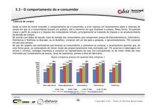 Apoio:
Copyright e-bit - Todos os Direitos Reservados26
3.3 - O comportamento do e-consumidor
Latência de compra
Ainda na linha de tentar entender o comportamento do e-consumidor, a e-bit realizou um levantamento sobre o intervalo de
tempo em que os e-consumidores buscam um produto, até o momento em que finalizam a compra. Dessa forma, foi possível
traçar o perfil de compra e o impulso dos compradores virtuais, principalmente se tratando do impulso e no amadurecimento
da decisão de compra.
De acordo com dados do estudo, mais da metade dos consumidores que compararam preços de Eletrodomésticos, Informática,
Eletrônicos e Telefonia no Buscapé, ou no Bondfaro, compram até um dia após a pesquisa, e aproximadamente, 75% compram
em até uma semana.
No que diz respeito aos motivadores que levaram os consumidores a realizarem as compras, o levantamento apontou que, de
uma forma geral, os compradores de menor renda são proporcionalmente mais motivados por: TV, anúncios e reportagens em
jornais e revistas, catálogos impressos e consultor ou representante da loja. Em contrapartida, os de maior renda são mais
motivados por comparadores de preços, listas de casamento, portais e sites do fabricante.
Quem comparou preços em quantos dias comprou ?
Fonte: Buscapé (www.buscape.com.br) e Bondfaro (www.bondfaro.com.br)
Período: Janeiro/2012
 
