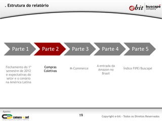 . Estrutura do relatório




         Parte 1      Parte 2      Parte 3        Parte 4                Parte 5

  Fechamento do 1º    Compras                  A entrada da
                                  M-Commerce    Amazon no          Índice FIPE/Buscapé
  semestre de 2012    Coletivas
  e expectativas do                               Brasil
  setor e o cenário
  na América Latina




Apoio:
                                      19          Copyright e-bit - Todos os Direitos Reservados
 
