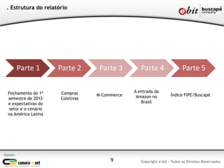 . Estrutura do relatório




         Parte 1      Parte 2      Parte 3        Parte 4                Parte 5

  Fechamento do 1º    Compras                  A entrada da
                                  M-Commerce    Amazon no          Índice FIPE/Buscapé
  semestre de 2012    Coletivas
  e expectativas do                               Brasil
  setor e o cenário
  na América Latina




Apoio:
                                       9          Copyright e-bit - Todos os Direitos Reservados
 