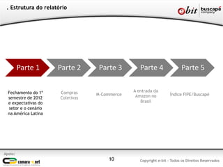 . Estrutura do relatório




         Parte 1      Parte 2      Parte 3        Parte 4                Parte 5

  Fechamento do 1º    Compras                  A entrada da
                                  M-Commerce    Amazon no          Índice FIPE/Buscapé
  semestre de 2012    Coletivas
  e expectativas do                               Brasil
  setor e o cenário
  na América Latina




Apoio:
                                      10          Copyright e-bit - Todos os Direitos Reservados
 