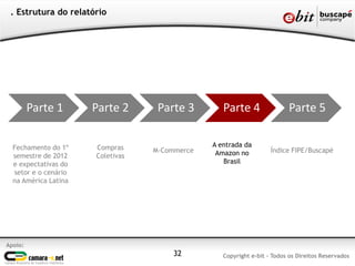 . Estrutura do relatório




         Parte 1      Parte 2      Parte 3        Parte 4                Parte 5

  Fechamento do 1º    Compras                  A entrada da
                                  M-Commerce    Amazon no          Índice FIPE/Buscapé
  semestre de 2012    Coletivas
  e expectativas do                               Brasil
  setor e o cenário
  na América Latina




Apoio:
                                      32          Copyright e-bit - Todos os Direitos Reservados
 