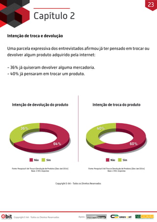 Intenção de troca e devolução
Uma parcela expressiva dos entrevistados aﬁrmou já ter pensado em trocar ou
devolver algum produto adquirido pela internet:
- 36% já quiseram devolver alguma mercadoria.
- 40% já pensaram em trocar um produto.
Capítulo 2
Apoio:Copyright E-bit - Todos os Direitos Reservados
23
 