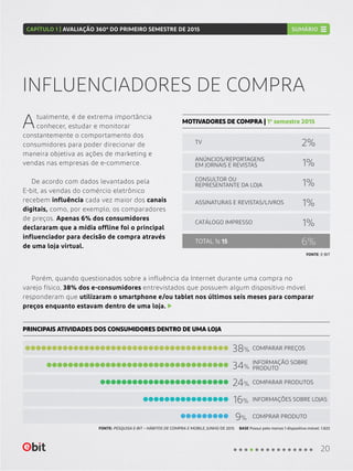 INFLUENCIADORES DE COMPRA
Atualmente, é de extrema importância
conhecer, estudar e monitorar
constantemente o comportamento dos
consumidores para poder direcionar de
maneira objetiva as ações de marketing e
vendas nas empresas de e-commerce.
De acordo com dados levantados pela
E-bit, as vendas do comércio eletrônico
recebem influência cada vez maior dos canais
digitais, como, por exemplo, os comparadores
de preços. Apenas 6% dos consumidores
declararam que a mídia offline foi o principal
influenciador para decisão de compra através
de uma loja virtual.
MOTIVADORES DE COMPRA | 1º semestre 2015
PRINCIPAIS ATIVIDADES DOS CONSUMIDORES DENTRO DE UMA LOJA
Porém, quando questionados sobre a influência da Internet durante uma compra no
varejo físico, 38% dos e-consumidores entrevistados que possuem algum dispositivo móvel
responderam que utilizaram o smartphone e/ou tablet nos últimos seis meses para comparar
preços enquanto estavam dentro de uma loja.
ASSINATURAS E REVISTAS/LIVROS
ANÚNCIOS/REPORTAGENS
EM JORNAIS E REVISTAS
TV
CATÁLOGO IMPRESSO
CONSULTOR OU
REPRESENTANTE DA LOJA 1%
2%
1%
1%
1%
6%TOTAL 1s 15
FONTE: E-BIT
FONTE: PESQUISA E-BIT – HÁBITOS DE COMPRA E MOBILE, JUNHO DE 2015 BASE Possui pelo menos 1 dispositivo móvel: 1.825
COMPARAR PREÇOS
COMPRAR PRODUTO
COMPARAR PRODUTOS
INFORMAÇÃO SOBRE
PRODUTO
INFORMAÇÕES SOBRE LOJAS
38%
16%
34%
9%
24%
20
CAPÍTULO 1 | AVALIAÇÃO 360º DO PRIMEIRO SEMESTRE DE 2015 SUMÁRIO
 