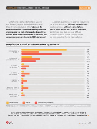 Certamente o comportamento do usuário
não é mais o mesmo. Segundo André Ricardo
Dias, diretor executivo da E-bit, “a jornada do
consumidor online certamente será impactada de
maneira cada vez mais intensa pelos dispositivos
móveis, afinal os smartphones estão nas mãos dos
consumidores em praticamente 100% do tempo”.
Ao serem questionados sobre a frequência
de acesso à Internet, 72% dos entrevistados
declararam que utilizam o smartphone
várias vezes ao dia para acessar a Internet,
percentual este que cai para 64% se
considerarmos o uso de computadores
ou notebook (conforme figura abaixo).
VÁRIAS VEZES
AO DIA
1 VEZ POR
SEMANA
3 - 5 DIAS
POR SEMANA
NÃO ACESSO
A INTERNET
PELO MENOS
UMA VEZ POR DIA
MENOS DE UMA
VEZ POR SEMANA
2 - 3 DIAS
POR SEMANA
72%
2%
3%
2%
16%
2%
3%
27%
64%
8%
2%
11%
6%
4%
0%
29%
22%
10%
1%
12%
4%
FREQUÊNCIA DE ACESSO À INTERNET POR TIPO DE EQUIPAMENTO
FONTE: PESQUISA E-BIT – HÁBITOS DE COMPRA E MOBILE, JUNHO DE 2015 AMOSTRA Possui smartphone: 1.736 / Possui tablet 932 / Possui computador/notebook: 2.126
ESTES DADOS MOSTRAM QUE O INTERNAUTA BRASILEIRO ESTÁ CADA VEZ MAIS ASSUMINDO O
SMARTPHONE COMO DISPOSITIVO IMPRESCINDÍVEL PARA ACESSAR A INTERNET AO LONGO DO DIA.
SMARTPHONE TABLET COMPUTADOR/NOTEBOOK
38
CAPÍTULO 3 | PESQUISA HÁBITOS DE COMPRA E MOBILE SUMÁRIO
 