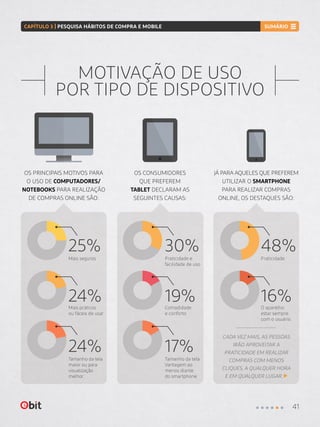 MOTIVAÇÃO DE USO
POR TIPO DE DISPOSITIVO
OS PRINCIPAIS MOTIVOS PARA
O USO DE COMPUTADORES/
NOTEBOOKS PARA REALIZAÇÃO
DE COMPRAS ONLINE SÃO:
OS CONSUMIDORES
QUE PREFEREM
TABLET DECLARAM AS
SEGUINTES CAUSAS:
JÁ PARA AQUELES QUE PREFEREM
UTILIZAR O SMARTPHONE
PARA REALIZAR COMPRAS
ONLINE, OS DESTAQUES SÃO:
CADA VEZ MAIS, AS PESSOAS
IRÃO APROVEITAR A
PRATICIDADE EM REALIZAR
COMPRAS COM MENOS
CLIQUES, A QUALQUER HORA
E EM QUALQUER LUGAR.
O aparelho
estar sempre
com o usuário
Mais seguros Praticidade e
facilidade de uso
Praticidade
25% 30% 48%
24% 19% 16%Mais práticos
ou fáceis de usar
Comodidade
e conforto
24% 17%Tamanho da tela
maior ou para
visualização
melhor
Tamanho da tela
Vantagem ao
menos diante
do smartphone
41
CAPÍTULO 3 | PESQUISA HÁBITOS DE COMPRA E MOBILE SUMÁRIO
 