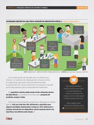 FONTE: PESQUISA E-BIT – HÁBITOS DE COMPRA E MOBILE, JUNHO DE 2015 AMOSTRA Possui pelo menos 1 dispositivo móvel: 1.825
ATIVIDADES DENTRO DE LOJA FÍSICA ATRAVÉS DE DISPOSITIVO MÓVEL | Resposta estimulada %
Este estudo abordou
vários outros pontos sobre
o uso de dispositivos
móveis no processo de
compra online e está sendo
comercializado pela E-bit.
PARA SABER MAIS,
ENTRE EM CONTATO COM
COMERCIAL@EBIT.COM.BR
O principal ponto de atenção para os dispositivos
móveis, no contexto de realização de compras online,
é a segurança, apontado espontaneamente pelo
e-consumidor em vários momentos do estudo e indicado
como algo positivo para computadores/notebooks.
Os aparelhos móveis estão sendo muito utilizados dentro
de lojas físicas no processo da compra para pesquisa de
produtos, preços e lojas.
Entre os e-consumidores que possuem dispositivos móveis
apenas três em cada dez não utilizaram o aparelho para
alguma atividade relacionada à compra e 14% efetuaram a
compra através de um dispositivo móvel estando dentro da
loja física nos últimos seis meses.
40%
TIRAR FOTO
DE PRODUTOS
34%
INFORMAÇÕES
SOBRE
PRODUTO
21%
GEOLOCALIZAÇÃO
GPS, mapas, busca
de endereços, etc...
38%
COMPARAR
PREÇOS
16%
INFORMAÇÃO
SOBRE LOJAS
8%
PAGAMENTO
DE ALGUMA
COMPRA
27%
NENHUMA
9%
COMPRAR
PRODUTO
44%
COMPARAR
PRODUTO
42
CAPÍTULO 3 | PESQUISA HÁBITOS DE COMPRA E MOBILE SUMÁRIO
 