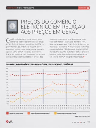 PREÇOS DO COMÉRCIO
ELETRÔNICO EM RELAÇÃO
AOS PREÇOS EM GERAL
Ográfico abaixo ilustra que os preços no
comércio eletrônico têm variação anual
6,7% inferior à dos preços médios do IPCA no
período maio de 2015/maio de 2014, e que
enquanto os preços do e-commerce subiram
apenas 1,21%, o IPCA registrou expressivos
8,47%. Ao longo de 2012 – antes do impacto da
desvalorização cambial sobre os preços dos
produtos importados, que têm grande peso
no e-commerce – a variação do Índice FIPE/
Buscapé era cerca de 13% inferior à dos preços
médios da economia. A despeito dos aumentos
anuais do Índice FIPE/Buscapé de abril (1,37%),
maio (1,21%) e junho (0,26%) de 2015, é provável
que sua variação anual continue pelo menos
6% abaixo do IPCA nos próximos meses.
VARIAÇÕES ANUAIS DO ÍNDICE FIPE/BUSCAPÉ, IPCA E DIFERENÇA (MÊS T / MÊS T-12)
VARIAÇÃO ANUAL IPCA VARIAÇÃO ANUAL FIPE-BUSCAPÉ DIFERENÇA FIPE-BUSCAPÉ/IPCA
FONTE: ÍNDICE FIPE/BUSCAPÉ
-14%
-6%
6%
-10%
2%
-2%
10%
-12%
-4%
8%
-16%
-8%
4%
0%
FEV12
FEV13
FEV14
FEV15
JUN12
JUN13
JUN14
JUN15
OUT12
OUT13
OUT14
ABR12
ABR13
ABR14
ABR15
AGO12
AGO13
AGO14
DEZ12
DEZ13
DEZ14
MAR12
MAR13
MAR14
MAR15
JUL12
JUL13
JUL14
NOV12
NOV13
NOV14
MAI12
MAI13
MAI14
MAI15
SET12
SET13
SET14
JAN12
JAN13
JAN14
JAN15
49
CAPÍTULO 4 | ÍNDICE FIPE/BUSCAPÉ SUMÁRIO
 