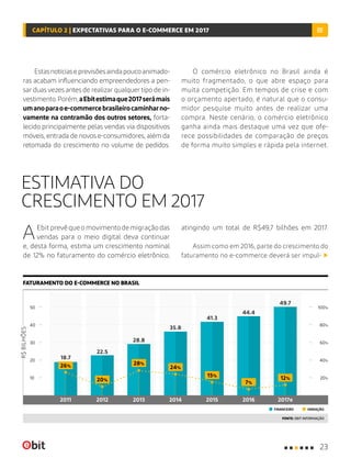 ESTIMATIVA DO
CRESCIMENTO EM 2017
AEbit prevêqueomovimentodemigraçãodas
vendas para o meio digital deva continuar
e, desta forma, estima um crescimento nominal
de 12% no faturamento do comércio eletrônico,
Estasnotíciaseprevisõesaindapoucoanimado-
ras acabam influenciando empreendedores a pen-
sar duas vezes antes de realizar qualquer tipo de in-
vestimento.Porém,aEbitestimaque2017serámais
umanoparaoe-commercebrasileirocaminharno-
vamente na contramão dos outros setores, forta-
lecido principalmente pelas vendas via dispositivos
móveis, entrada de novos e-consumidores, além da
retomada do crescimento no volume de pedidos.
O comércio eletrônico no Brasil ainda é
muito fragmentado, o que abre espaço para
muita competição. Em tempos de crise e com
o orçamento apertado, é natural que o consu-
midor pesquise muito antes de realizar uma
compra. Neste cenário, o comércio eletrônico
ganha ainda mais destaque uma vez que ofe-
rece possibilidades de comparação de preços
de forma muito simples e rápida pela internet.
FATURAMENTO DO E-COMMERCE NO BRASIL
FONTE: EBIT INFORMAÇÃO
atingindo um total de R$49,7 bilhões em 2017.
Assim como em 2016, parte do crescimento do
faturamento no e-commerce deverá ser impul-
23
CAPÍTULO 2 | EXPECTATIVAS PARA O E-COMMERCE EM 2017
50
40
30
20
10
100%
40%
80%
20%
60%
R$BILHÕES
VARIAÇÃOFINANCEIRO
18.7
28.8
44.4
22.5
41.3
35.8
49.7
26%
28%
7%
20%
15%
24%
12%
2011 2013 20152012 2014 2016 2017e
 