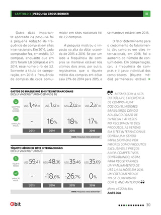 Outro dado importan-
te apontado na pesquisa foi
a pequena redução da fre-
quência de compras em sites
internacionais. Em 2016, cada
comprador fez, em média, 3,7
compras, enquanto que em
2015 foram 3,8 compras e em
2014, esse número foi de 3,2.
Somente a título de compa-
ração, em 2016 a frequência
de compras de cada consu-
midor em sites nacionais foi
de 2,2 compras.
A pesquisa mostrou o im-
pacto na alta do dólar ocorri-
da de 2015 a 2016. Se por um
lado a frequência de com-
pras se manteve estável nos
últimos dois anos, por outro,
registramos que o tíquete
médio das compras em dólar
caiu 27% de 2014 para 2015, e
se manteve estável em 2016.
O fator determinante para
o crescimento do faturamen-
to das compras em sites in-
ternacionais, em 2016, foi o
aumento do número de con-
sumidores. Em compensação,
caiu a frequência de com-
pras e o gasto individual dos
compradores (tíquete mé-
dio) permaneceu estável.
MESMO COM A ALTA
DO DÓLAR E EXPERIÊNCIA
DE COMPRA RUIM
DOS CONSUMIDORES
BRASILEIROS, DEVIDO
AO LONGO PRAZO DE
ENTREGA E ATRASOS
NO RECEBIMENTO DOS
PRODUTOS, AS VENDAS
EM SITES INTERNACIONAIS
CONTINUAM SENDO
IMPULSIONADAS POR
FATORES COMO PRODUTOS
EXCLUSIVOS E PREÇOS
AINDA COMPETITIVOS,
CONTRIBUINDO, ASSIM,
PARA REGISTRARMOS
UM FATURAMENTO DE
US$ 2,4 BILHÕES EM 2016,
UM CRESCIMENTO DE
17% SE COMPARADO
COM O ANO ANTERIOR.
afirma o COO da Ebit,
André Dias
COMPRAS
CROSS
BORDER
TÍQUETE
MÉDIO
VARIAÇÃO
ANUAL
VARIAÇÃO
ANUAL
US$ 1,49 BI
US$ 59,41
US$ 2,02 BI
US$ 35,46
US$ 1,72 BI
US$ 48,36
US$ 2,37 BI
US$ 35,69
- -26,7%-18,6% 0%
- 18%16% 17%
30
CAPÍTULO 3 | PESQUISA CROSS BORDER
 