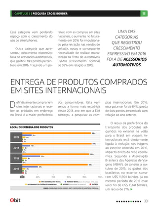 ENTREGA DE PRODUTOS COMPRADOS
EM SITES INTERNACIONAIS
Definitivamente comprar em
sites internacionais e rece-
ber os produtos em endereço
no Brasil é a maior preferência
dos consumidores. Esta vem
sendo a forma mais escolhida
desde 2013, ano em que a Ebit
começou a pesquisar as com-
LOCAL DE ENTREGA DOS PRODUTOS
FONTE: PESQUISAS CROSS BORDER EBIT / RESPOSTAS DE MÚLTIPLA ESCOLHA
Essa categoria vem perdendo
espaço com o crescimento do
uso de smartphones.
Outra categoria que apre-
sentou crescimento expressivo
foi a de acessórios automotivos,
que ganhou três pontos percen-
tuais em 2016. Traçando um pa-
ralelo com as compras em sites
nacionais, o aumento no fatura-
mento em 2016 foi impulsiona-
do pela retração nas vendas de
veículos novos e consequente
necessidade de realizar manu-
tenção na frota de automóveis
usados (crescimento nominal
de 58% em relação a 2015).
UMA DAS
CATEGORIAS
QUE REGISTROU
CRESCIMENTO
EXPRESSIVO EM 2016
FOI A DE ACESSÓRIOS
AUTOMOTIVOS
pras internacionais. Em 2016,
esse patamar foi de 84%, queda
de dois pontos percentuais com
relação ao ano anterior.
O recuo da preferência do
transporte dos produtos ad-
quiridos no exterior na volta
para o Brasil em viagens in-
ternacionais está diretamente
ligada à redução nas viagens
ao exterior ocorrida em 2016,
impacto direto da crise econô-
mica. Segundo a Associação
Brasileira das Agencias de Via-
gens (ABAV), de janeiro a ou-
tubro de 2016, os gastos dos
brasileiros no exterior soma-
ram US$ 11,901 bilhões. Já no
mesmo período de 2015 esse
valor foi de US$ 15,141 bilhões,
um recuo de 21%.
MEU ENDEREÇO NO BRASIL FORA DO BRASIL (casa de amigos, hotel, etc.)
SKYBOX (caixa postal no exterior)RECEBIMENTO ELETRÔNICO/DOWNLOAD OUTROS
60% 100%0% 40%20% 80%
88%
4%
12%
1%
1%
89%
2%
10%
1%
0%
86%
6%
23%
2%
0%
84%
4%
20%
2%
2%
33
CAPÍTULO 3 | PESQUISA CROSS BORDER
 