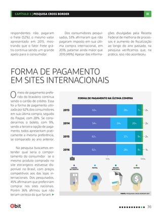 FORMA DE PAGAMENTO
EM SITES INTERNACIONAIS
Omeio de pagamento prefe-
rido do brasileiro continua
sendo o cartão de crédito. Essa
foi a forma de pagamento utili-
zada por 62% dos consumidores
em sua última compra, seguido
do Paypal, com 28%. Se consi-
derarmos o boleto, com 9%,
sendo a terceira opção de paga-
mento, todos apresentam prati-
camente a mesma preferência,
se comparado ao ano anterior.
Na pesquisa buscamos en-
tender qual seria o compor-
tamento do consumidor se o
mesmo produto comprado no
site estrangeiro estivesse dis-
ponível no Brasil, com preços
competitivos aos das lojas in-
ternacionais. Dos pesquisados,
45% afirmaram que prefeririam
comprar nos sites nacionais.
Porém 36% afirmou que não
teriam certeza do que fariam.
FORMA DE PAGAMENTO NA ÚLTIMA COMPRA
FONTE: PESQUISAS CROSS BORDER EBIT
respondentes não pagaram
o frete (52%), o mesmo valor
apresentado em 2015, mos-
trando que o fator frete grá-
tis continua sendo um grande
apelo para o consumidor.
Dos consumidores pesqui-
sados, 53% afirmaram que não
pagaram imposto em sua últi-
ma compra internacional, em
2016, patamar ainda maior que
2015 (49%). Apesar das informa-
ções divulgadas pela Receita
Federal de melhoria de proces-
sos e aumento de fiscalização
ao longo do ano passado, na
pesquisa verificamos que, na
prática, isso não aconteceu.
CARTÃO
DE CRÉDITO
PAYPAL BOLETO
BANCÁRIO
OUTROS
2013 63% 28% 7% 2%
2014 54% 24% 20% 2%
2015 62% 27% 9% 2%
2016 62% 28% 9% 1%
0% 50% 100%
36
CAPÍTULO 3 | PESQUISA CROSS BORDER
 