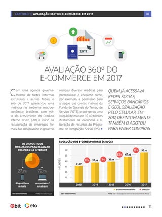 72,7%27,3%
OS DISPOSITIVOS
UTILIZADOS PARA REALIZAR
COMPRAS NA INTERNET
dispositivos
móveis
computador/
notebook
Fonte: Ebit InformaçãoEBIT WEBSHOPPERS Fonte: Ebit – Evolução no número de Consumidores AtivosEBIT WEBSHOPPERS
EVOLUÇÃO DOS E-CONSUMIDORES (ATIVOS)
MILHÕES
30
50
60
40
10
20
2017
Com uma agenda governa-
mental de fortes reformas
estruturais e ajustes fiscais, o
ano de 2017 apresentou uma
melhora no ambiente macroe-
conômico brasileiro, com vol-
ta do crescimento do Produto
Interno Bruto (PIB) e início da
recuperação de empregos for-
mais. No ano passado, o governo
AVALIAÇÃO 360º DO
E-COMMERCE EM 2017
realizou diversas medidas para
potencializar o consumo como,
por exemplo, a permissão para
o saque das contas inativas do
Fundo de Garantia do Tempo de
Serviço (FGTS), o que gerou uma
injeção de mais de R$ 40 bilhões
diretamente na economia e li-
beração de recursos do Progra-
ma de Integração Social (PIS)
QUEM JÁ ACESSAVA
REDES SOCIAS,
SERVIÇOS BANCÁRIOS
E GEOLOZALIZAÇÃO
PELO CELULAR, EM
2017, DEFINITIVAMENTE
TAMBÉM O ADOTOU
PARA FAZER COMPRAS
31,27
39,1437,99
47,93
55,15
E-CONSUMIDORES ATIVOS VARIAÇÃO
22% 3%
22%
15%
2013 2014 2015 2016 2017
11
CAPÍTULO 1 | AVALIAÇÃO 360º DO E-COMMERCE EM 2017
 