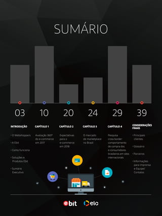 SUMÁRIO
03 10 2420 29 39
• O Webshoppers
• A Ebit
	
• Como funciona
• Soluções e
Produtos Ebit
• Sumário
Executivo
Expectativas
para o
e-commerce
em 2018
Avaliação 360º
do e-commerce
em 2017
• Principais
clientes
• Glossário
• Parceiros
• Informações
para imprensa
e Equipe/
Contatos
CONSIDERAÇÕES
FINAIS
CAPÍTULO 3 CAPÍTULO 4CAPÍTULO 2CAPÍTULO 1INTRODUÇÃO
O mercado
de marketplace
no Brasil
Pesquisa
cross border:
comportamento
de compra dos
e-consumidores
brasileiros em sites
internacionais
 