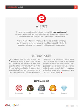 CERTIFICAÇÕES EBIT
ExcelenteMuito Boa ÓtimaBoaEm avaliação
ENTENDA A EBIT
A EBIT
Ao acessar uma das lojas virtuais con-
veniadas à Ebit, o consumidor visuali-
za a medalha de certificação Ebit, que
classifica a loja em Diamante, Ouro, Prata,
Bronze ou Em Avaliação, de acordo com
as avaliações feitas por internautas que já
compraram ali. Assim, a Ebit auxilia outros
consumidores a decidirem melhor onde
comprar online. Na finalização da compra,
o cliente é convidado a responder a pes-
quisa sobre sua experiência e, a partir de
então, é dada a largada de três etapas de
avaliações feitas pelo consumidor. Veja
como funciona a seguir.
Presente no mercado brasileiro desde 2000, a Ebit ( www.ebit.com.br)
acompanha a evolução do varejo digital no país desde o seu início, sendo
a maior referência em inteligência competitiva para o e-commerce.
Através de um sofisticado sistema, os dados são coletados em tempo
real diretamente com o comprador online. São mais de 30 milhões de
pesquisas coletadas em mais de 25 mil lojas virtuais conveniadas.
5
INTRODUÇÃO | A EBIT
 