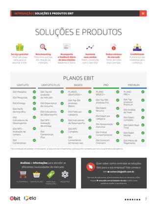 SOLUÇÕES E PRODUTOS
PLANOS EBIT
GRATUITO BÁSICOGRATUITO PLUS PRO PREMIUM
Quer saber como contratar as soluções
Ebit para a sua empresa? Fale conosco
em comercial@ebit.com.br
Em caso de loja online, primeiramente deve-se conveniar à Ebit.
Acesse www.ebit.com.br/cadastro-de-loja e saiba como
podemos ajudar a sua empresa.
MERCADO
FINANCEIRO
E-COMMERCE INDÚSTRIAMARKETPLACE
Serviço gratuito!
Você não paga
nada para se
associar à Ebit.
Ebit Medalha
Ebit Pesquisas
Ebit Entrega
Ebit Perfil
demográfico
Ebit
Indicadores de
Desempenho
Ebit NPS -
Avaliação de
compra
Ebit
Comentários
PLANOS
GRATUITOS +
Ebit Top 100
produtos
Básico
Ebit Frete por
categoria
Ebit Indicadores
de Desempenho
Ebit NPS
Completo
Ebit
Comentários
em tempo real
Ebit Top 50
produtos
do mercado
Ebit Expectativa
de consumo
Ebit Indicadores
de Desempenho
Ebit NPS -
Avaliação
de entrega
Ebit
Comentários
Plus
PLANO
BÁSICO +
Ebit Top 100
produtos Pro
Ebit Edash
Resumo
Ebit Edash por
categoria
Ebit Apresentação
executiva
Ebit Análise
Comportamental
Ebit Scorecard
Financeiro
PLANO
PRO +
Ebit Top
produtos
Premium
Ebit Análise
de Frete
Ebit Edash
completo
Ebit Edash Real
Time
Ebit Edash
Mobile
Ebit Meios de
Pagamento
* Na contratação de qualquer um dos planos, as lojas precisam implementar a pesquisa Ebit completa, que inclui os parâmetros obrigatórios.
Aumente
suas vendas
Maior conversão
com o selo Ebit.
Benchmarking
Posicione sua loja
em relação ao
mercado.
Dados valiosos
do mercado
Tome decisões
mais precisas.
Acompanhe
o feedback diário
de seus clientes
Realtime e Diário.
Credibilidade
A presença das
medalhas gera
confiança.
Análises e informações para atender as
diferentes necessidades do mercado.
7
INTRODUÇÃO | SOLUÇÕES E PRODUTOS EBIT
 