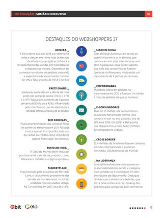 DESTAQUES DO WEBSHOPPERS 37
ACELERA _
A Ebit estima que em 2018 o e-commerce
volte a crescer em ritmo mais acelerado,
devido à recuperação econômica e
fortalecimento das vendas em marketplaces
e dispositivos móveis. Deveremos ter
aumento no volume de pedidos, elevando
a expectativa de crescimento nominal
de 12% e faturamento de R$53,5 bilhões
RUMO AO HEXA _
A Copa do Mundo deve impactar
positivamente a venda de produtos, como
televisores, bebidas e artigos esportivos.
INTRODUÇÃO | SUMÁRIO EXECUTIVO
_ CROSS BORDER
22,4 milhões de brasileiros fizeram compras
em sites internacionais e gastaram,
em média, US$36,8 (cerca de R$117,8).
_ EMPODERADAS
Mulheres lideraram pedidos no
e-commerce em 2017 e fizeram 1,4 milhão
a mais de pedidos do que os homens.
SEM PARCELAS _
Praticamente metade das compras feitas
no comércio eletrônico em 2017 foi paga
à vista, apesar da importância do uso
do cartão de crédito como importante
agente financiador de compras.
MARKETPLACE _
Impulsionado pela expansão do Mercado
Livre, o faturamento proveniente das
vendas via marketplaces, incluindo
produtos novos e usados, atingiu
R$ 73,4 bilhões em 2017, alta de 21,9%.
_ MADE IN CHINA
Sites chineses continuaram sendo os
queridinhos entre os brasileiros que
compraram em sites internacionais em
2017. A pesquisa Cross Border aponta
que 54% dos consumidores fizeram
compras no Aliexpress, mostrando um
crescimento de 9 pontos percentuais.
_ NA LIDERANÇA
Smartphones/celulares ultrapassaram
os eletrodomésticos, sendo a categoria
mais vendida no e-commerce em 2017
em volume de faturamento. Destaque
também para alimentos e bebidas, que
entra pela primeira vez no ranking das
dez principais categorias do e-commerce.
_ E-CONSUMIDORES
Mais de 55 milhões de consumidores
brasileiros fizeram pelo menos uma
compra virtual no ano passado, alta de
15% ante 2016. Em 2018, a Ebit estima
que chegaremos a mais de 60 milhões
de compradores virtuais.
FRETE GRÁTIS _
Varejistas aumentaram a oferta de frete
grátis nas compras online. Entre o 4T16
e o 4T17 houve um aumento de 6 pontos
percentuais (36% para 42%), influenciado
pelo incentivo ao uso de aplicativos e
retirada em lojas físicas de produtos.
9
 