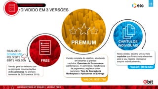 WEBSHOPPERS 42ª EDIÇÃO | VERSÃO FREE
CONSIDERAÇÕES FINAIS
VALOR: R$12.683
VALOR: R$31.708
Versão geral do relatório com
as principais movimentações
do E-commerce no primeiro
semestre de 2020 (versus 2019).
DIVIDIDO EM 3 VERSÕES
Versão completa do relatório, abordando
em detalhes 3 grandes
capítulos: Overview do E-commerce
(performance, m-commerce, frete&meios
de pagamento, regiões e datas
sazonais), Tipo de Operação &
Marketplace e Aplicativos de Entrega.
Nesta versão, escolha um ou mais
capítulos que forem mais relevantes
para o seu negócio (é possível
adquirir individualmente).
38
FREE
PREMIUM CAPÍTULOS
INDIVIDUAIS
REALIZE O
DOWNLOAD
PELO SITE
EBIT | NIELSEN
 