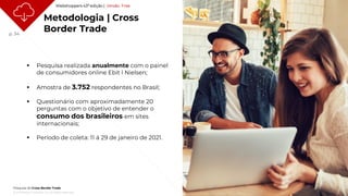 p. 34
© 2021 Nielsen Consumer LLC. All Rights Reserved.
Pesquisa de Cross Border Trade
Metodologia | Cross
Border Trade
 Pesquisa realizada anualmente com o painel
de consumidores online Ebit l Nielsen;
 Amostra de 3.752 respondentes no Brasil;
 Questionário com aproximadamente 20
perguntas com o objetivo de entender o
consumo dos brasileiros em sites
internacionais;
 Período de coleta: 11 á 29 de janeiro de 2021.
Webshoppers 43ª edição | Versão Free
 