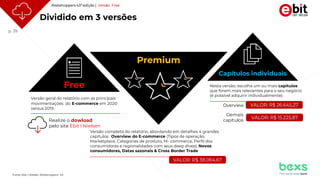 p. 39
Versão completa do relatório, abordando em detalhes 4 grandes
capítulos: Overview do E-commerce (Tipos de operação,
Marketplace, Categorias de produto, M- commerce, Perfil dos
consumidores e regionalidades com seus deep dives), Novos
consumidores, Datas sazonais & Cross Border Trade
Nesta versão, escolha um ou mais capítulos
que forem mais relevantes para o seu negócio
(é possível adquirir individualmente).
Dividido em 3 versões
Versão geral do relatório com as principais
movimentações do E-commerce em 2020
versus 2019.
Free
Premium
Capítulos individuais
Webshoppers 43ª edição | Versão Free
Fonte: Ebit | Nielsen Webshoppers 43
VALOR: R$ 38.064,67
VALOR: R$ 26.645,27
Realize o dowload
pelo site Ebit l Nielsen
VALOR: R$ 15.225,87
Overview
Demais
capítulos
 